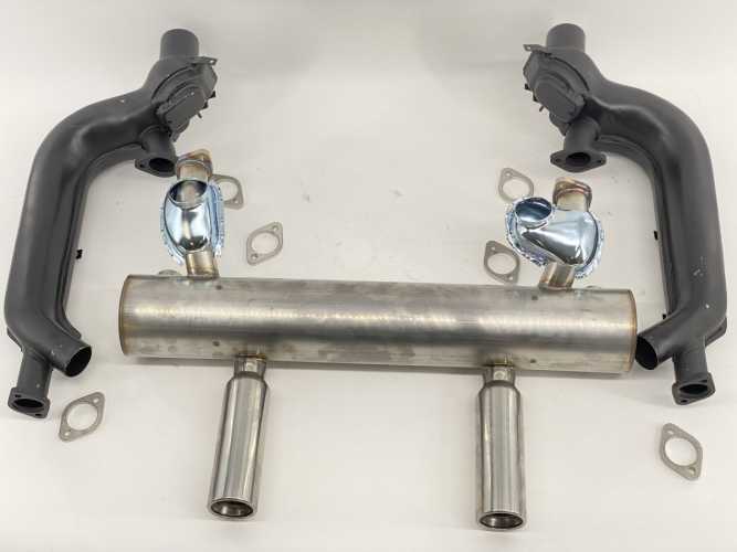 VW Käfer Typ 1 Auspuffsatz, Performance, mit zwei Endrohren und Hochleistungswärmetauschern. Auspuff und Endrohre hergestellt aus Edelstahl, Wärmetauschern aus Stahl mit schwarzer Farbe
