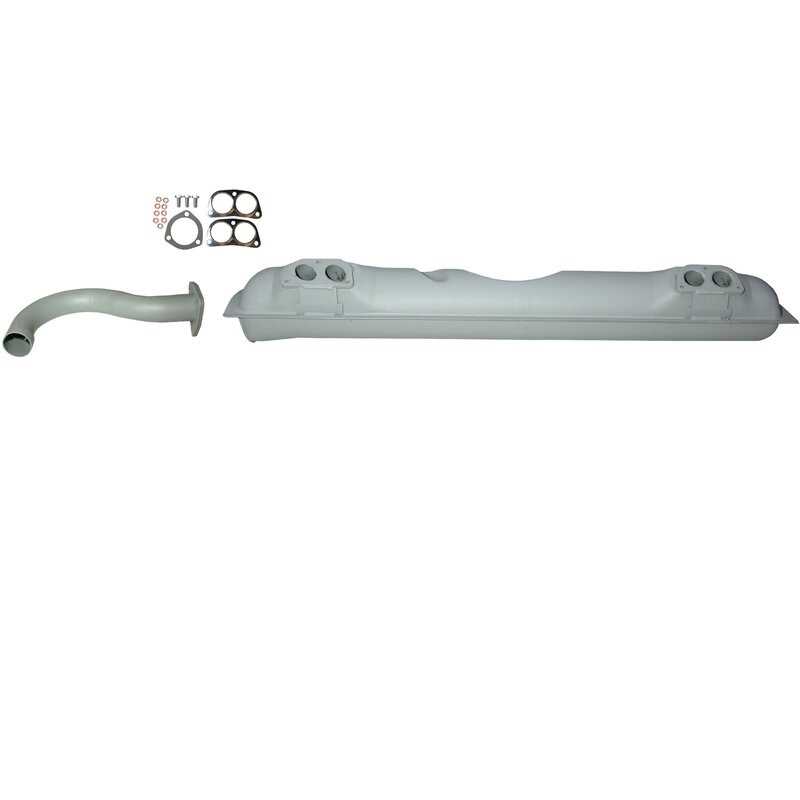 VW Bus T2 Exhaust set, with one tail pipe and mounting kit. Made of steel with grey paint. With TÜV/EEC approval