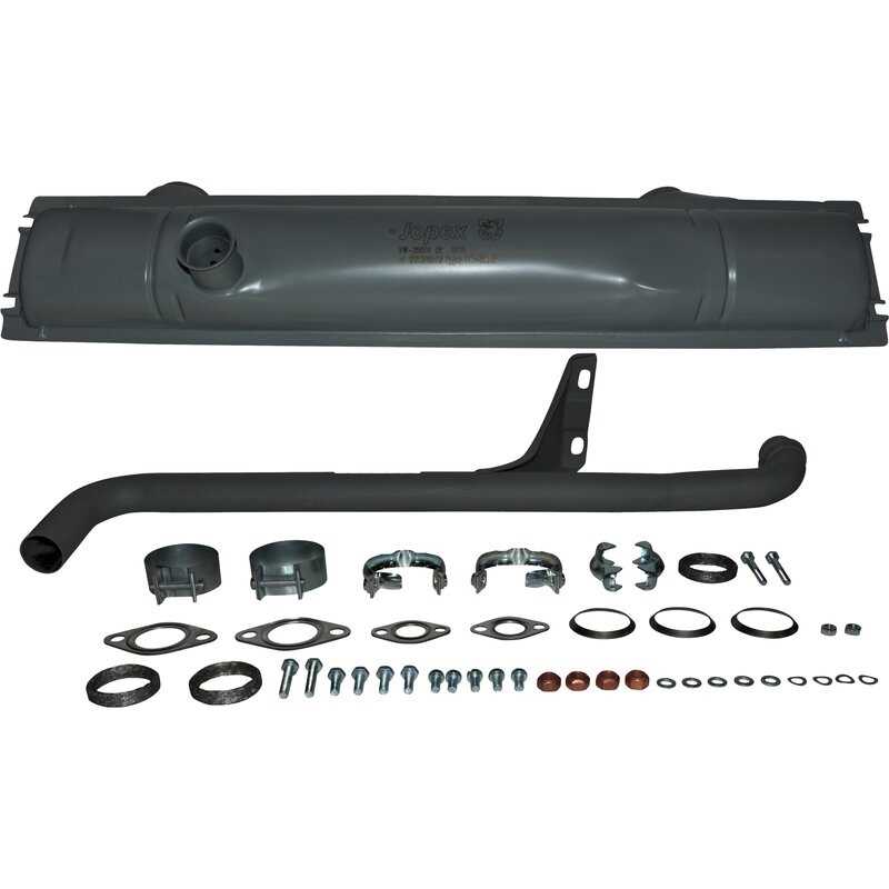 VW Bus T2 Exhaust set, with one tail pipe and mounting kit, OE style. Made of steel with grey paint. With TÜV/EEC approval