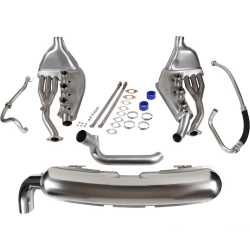 Sports exhaust set with Ø84 mm single tail pipe and heat exchangers, stainless steel, with pipe set for 3.2L. OEM style with no modifications in engine tin needed Porsche 911 G-Modell