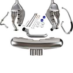 Sports exhaust set with Ø90 mm dual center outlet pipes "GT3" Style, stainless steel and Ø41 mm heat exchangers, stainless steel, with pipe set for 3.2L. OEM style with no modifications on engine tin needed Porsche 911 G-Modell